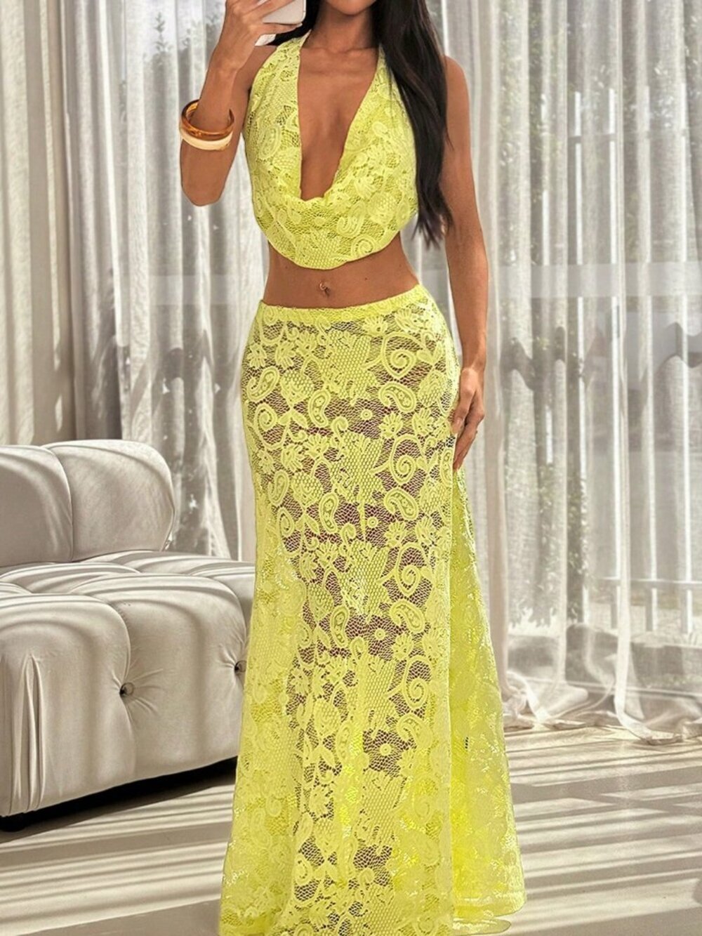 Yellow Women's Sexy Plunging Neck Lace Halter Top and maxi skirt Set